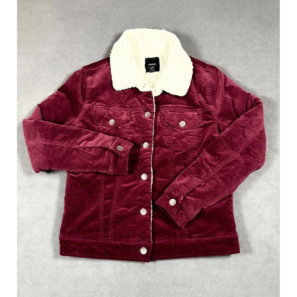 Forever 21 Trucker Jacket Womens S Red Cotton Corduroy Sherpa Lined Warm Winter